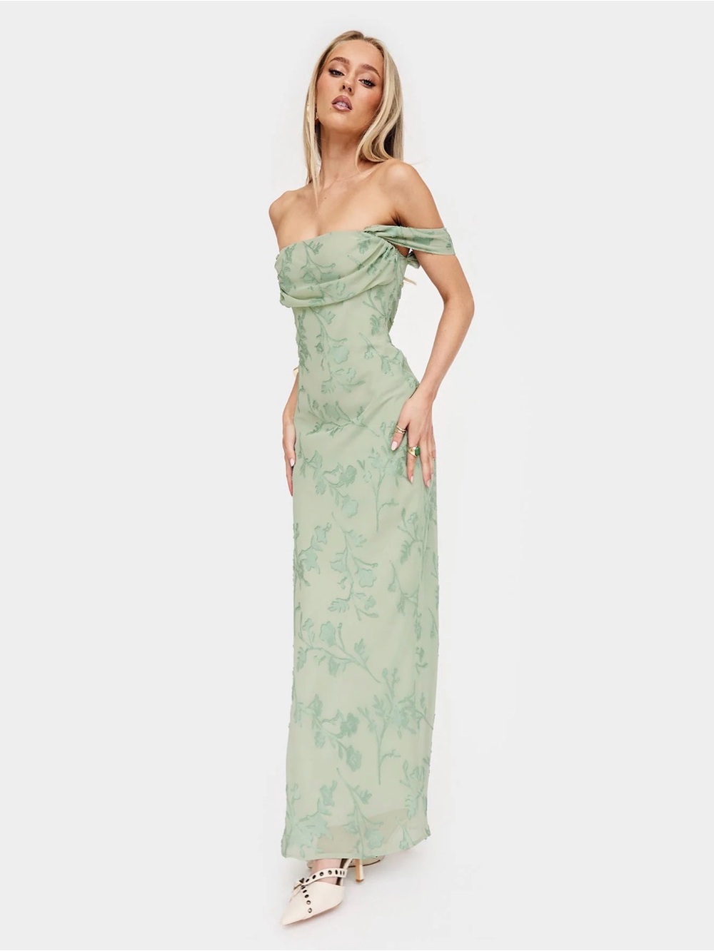 Princess Polly Sage Green Off-Shoulder Floral Maxi Dress